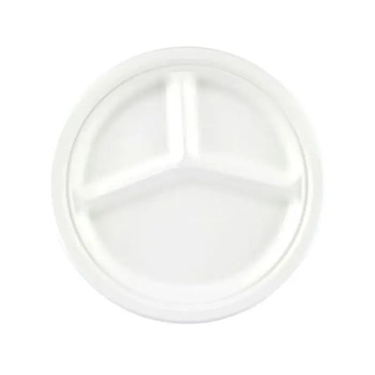 500 x 3 Compartments Compostable Round Bagasse Plate 10 Inch White